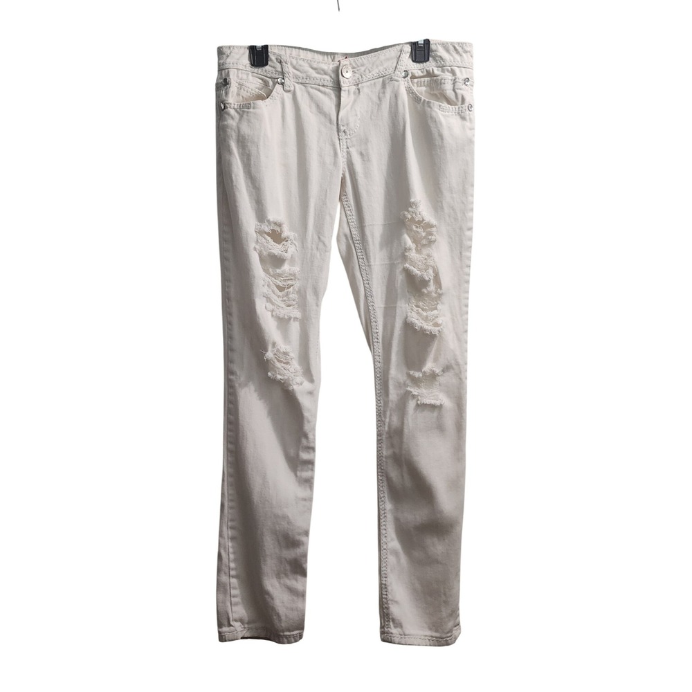 Almost Famous‎ Women's White Distressed Ripped Denim Jeans Slim Fit Size 11